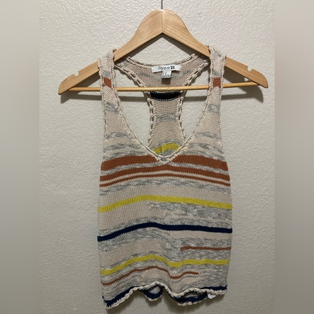 Vintage Y2K Forever 21 Striped Knit Sweater Tank Top Size Medium Cream Brown